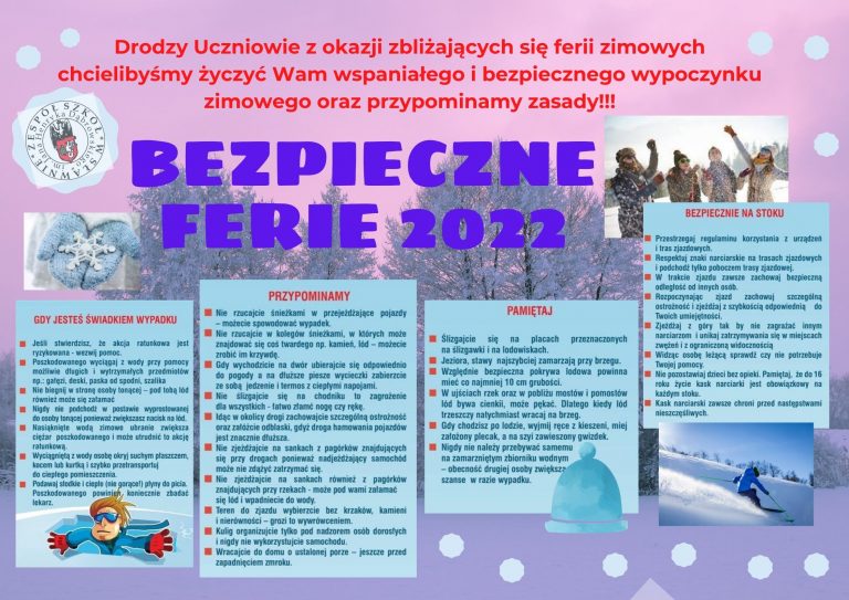 plakat dotyczący bezpieczeństwa w czasie ferii